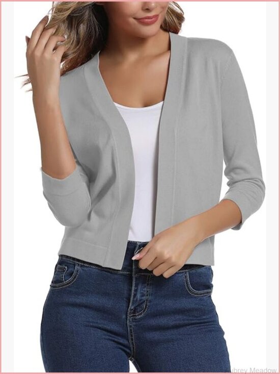 Sweaters - Cropped 3/4 Sleeve Cardigan Sweater Open Front Shrugs